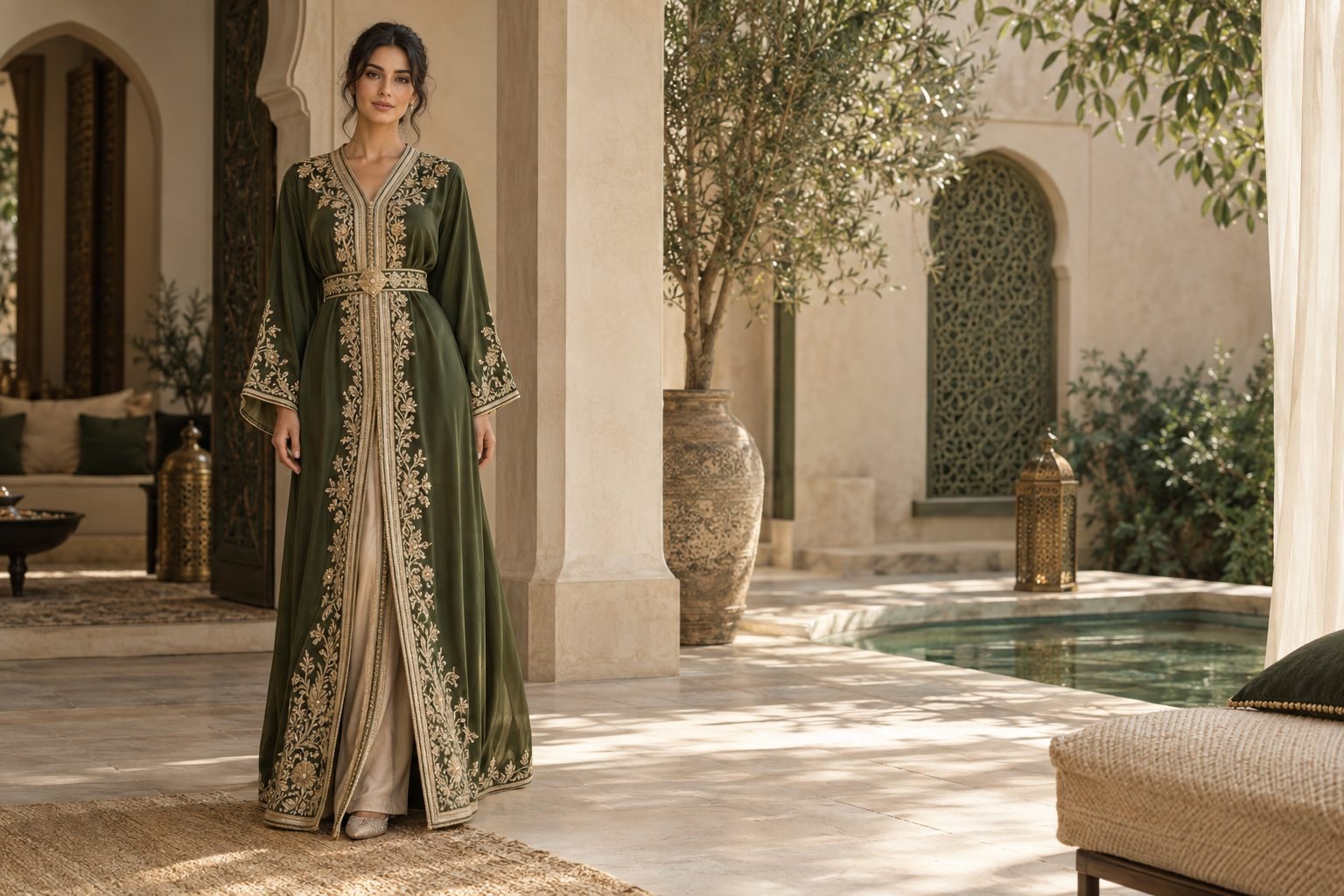 Woman wearing a green Moroccan kaftan